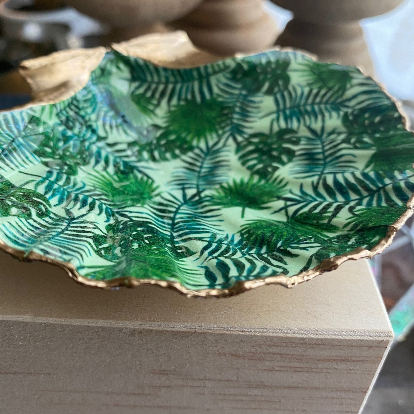 Decoupage Scallop Shell Trinket Dish Tropical Pattern