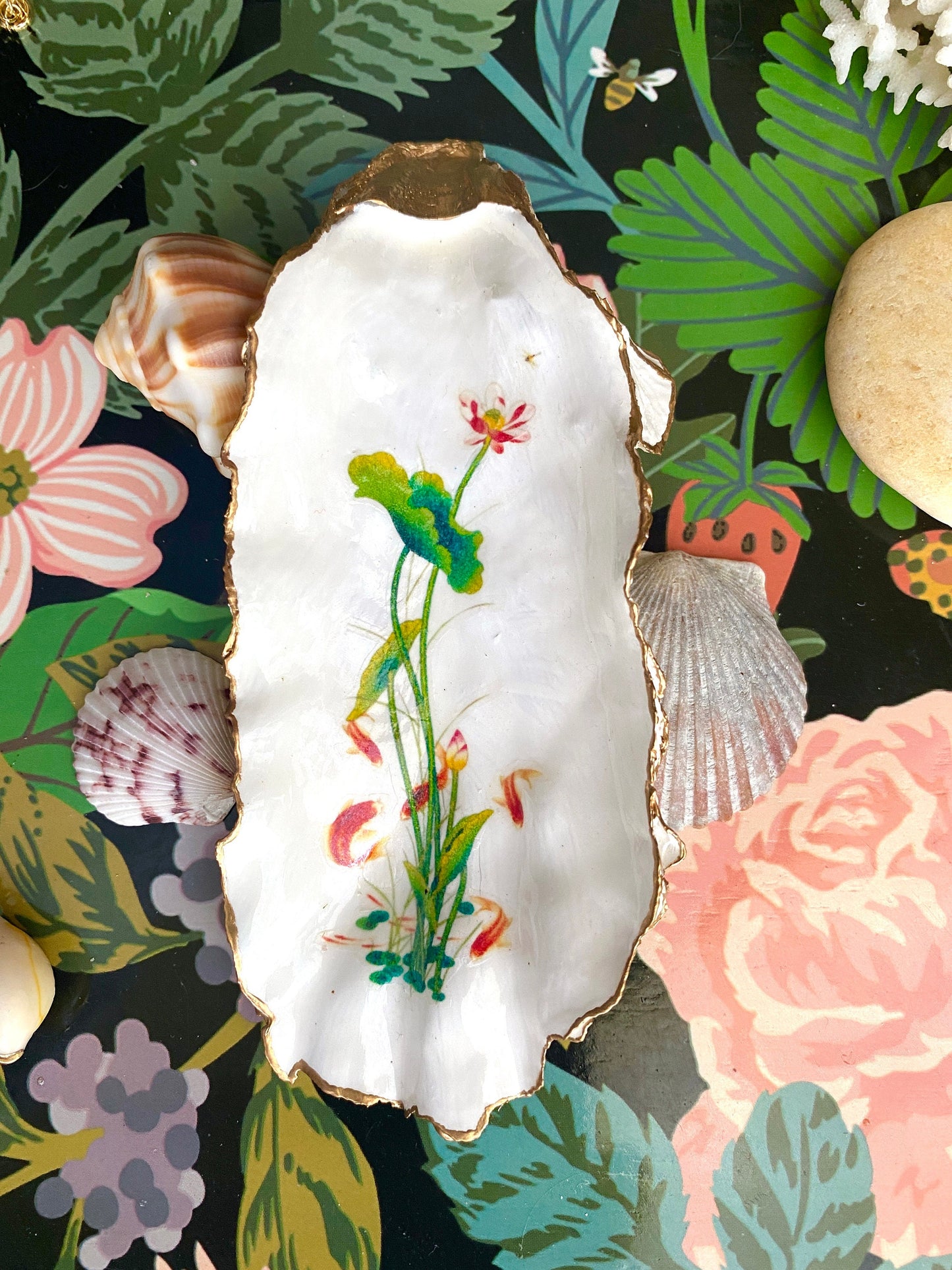 Water Lily Oyster Shell Trinket Dish – Hand-Painted Decoupage Art