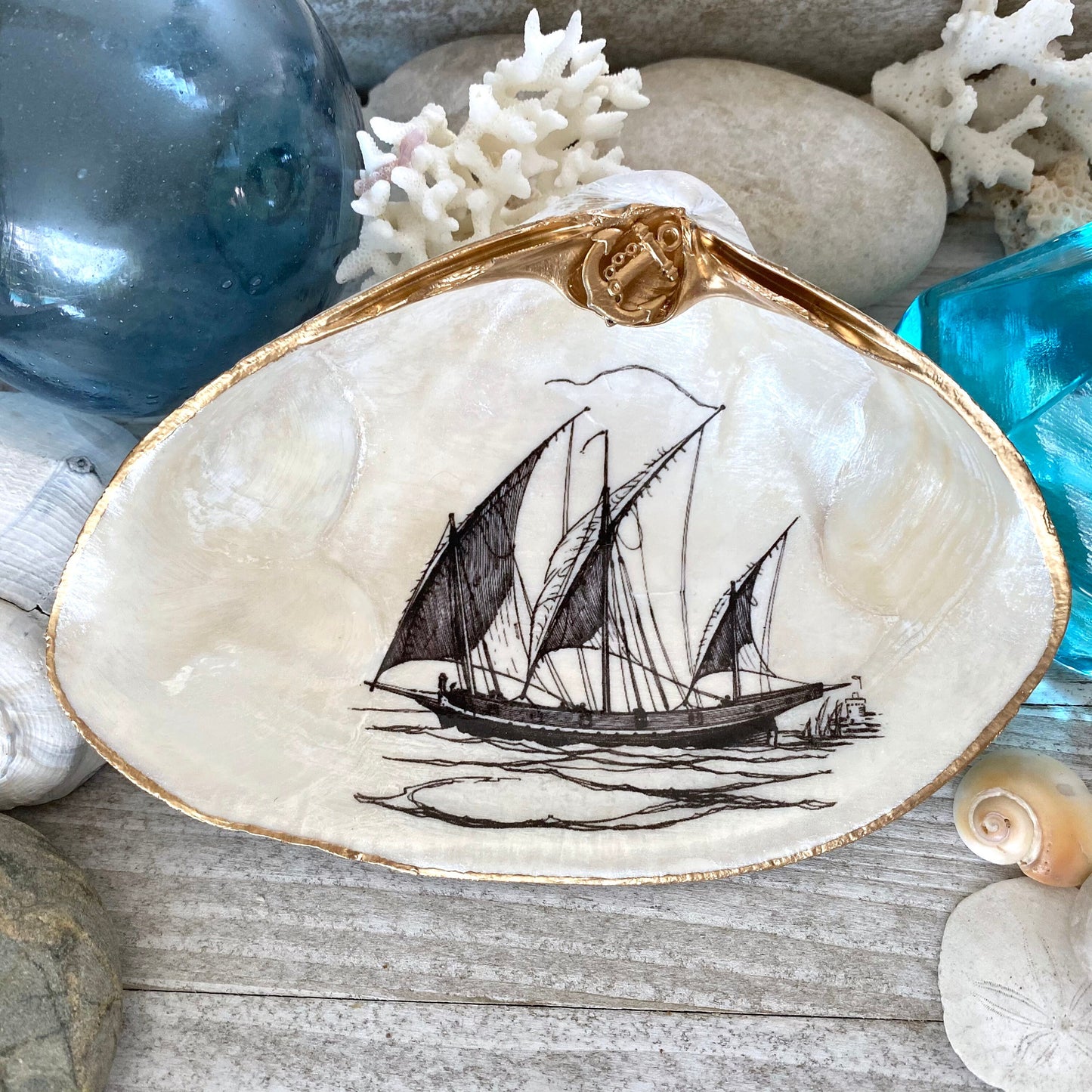 Decoupage Clam Shell Trinket Dish Sailboat Art