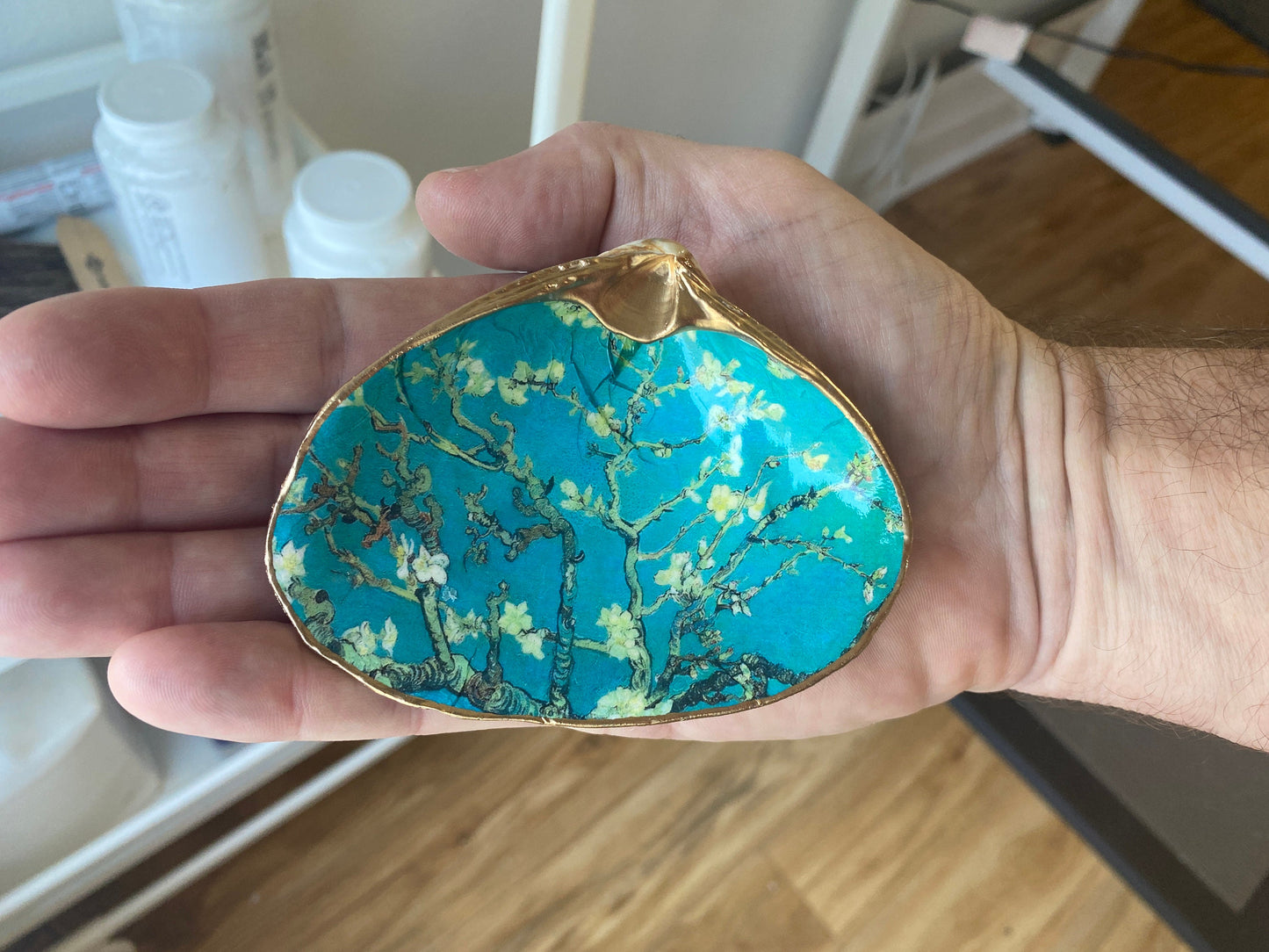 Decoupage Clam Shell Jewelry Dish – Almond Blossoms Art, Coastal Tabletop Decor