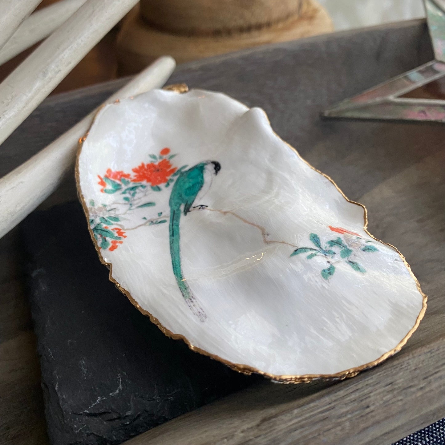 Decoupage Oyster Shell Ring Dish – Bird & Floral Design