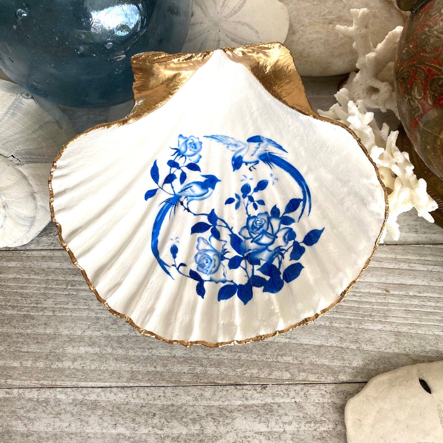 Decoupage Scallop Shell Trinket Dish Blue & White Chinoiserie