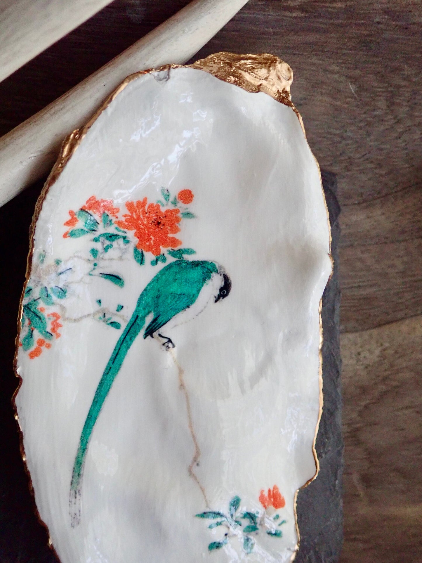 Decoupage Oyster Shell Ring Dish – Bird & Floral Design