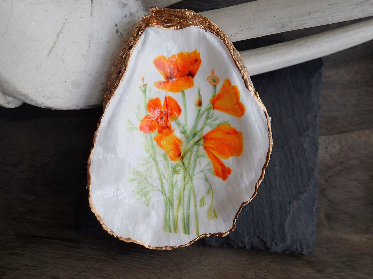 Decoupage Oyster Shell Trinket Dish California Poppy Flower Art