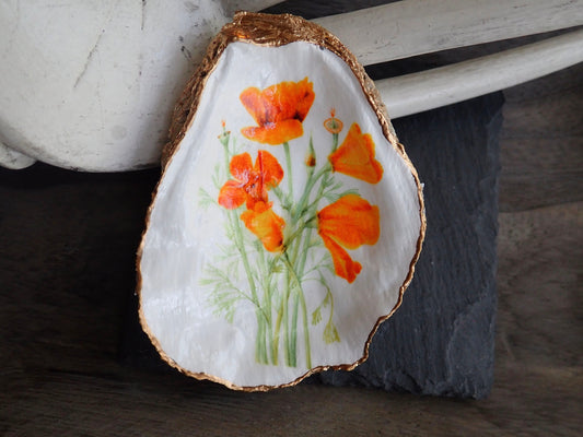 Decoupage Oyster Shell Trinket Dish California Poppy Flower Art
