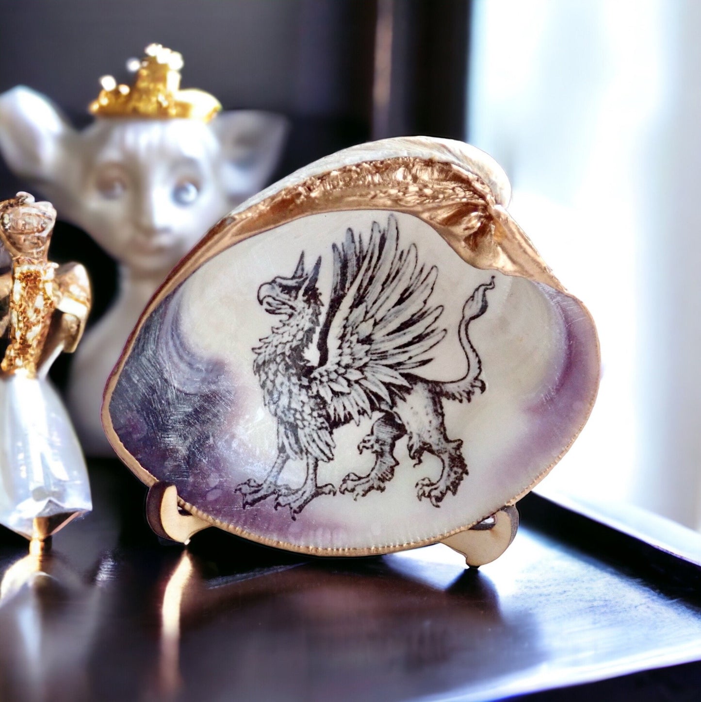 Decoupage Clam Shell Trinket Dish Mythical Griffin Art