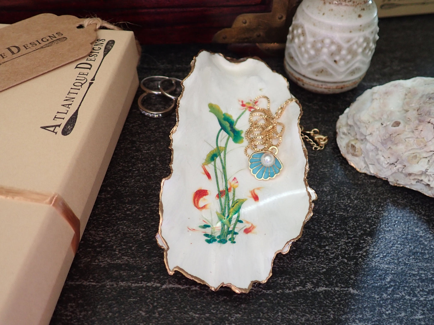 Water Lily Oyster Shell Trinket Dish – Hand-Painted Decoupage Art