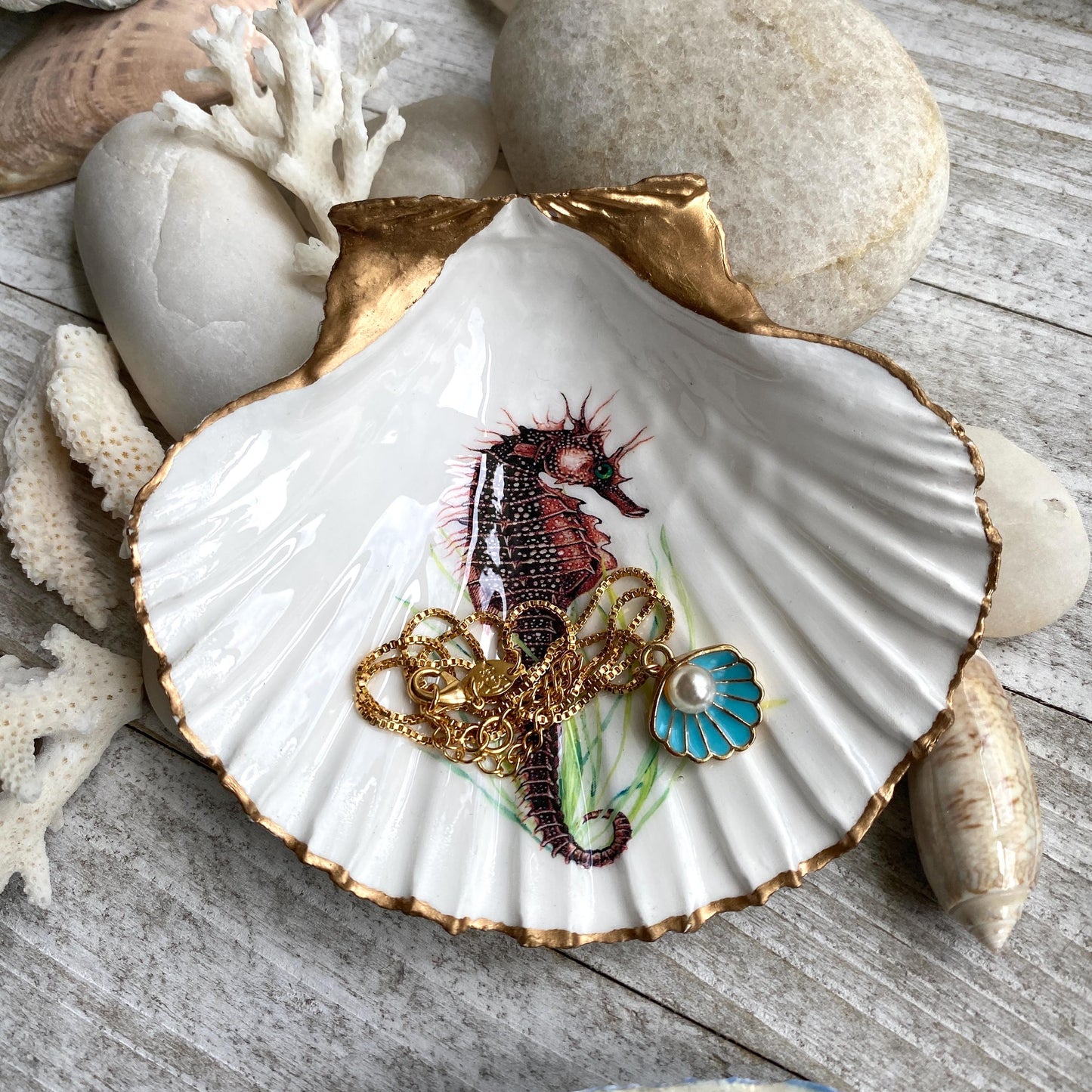 Decoupage Scallop Shell Trinket Dish Seahorse Art