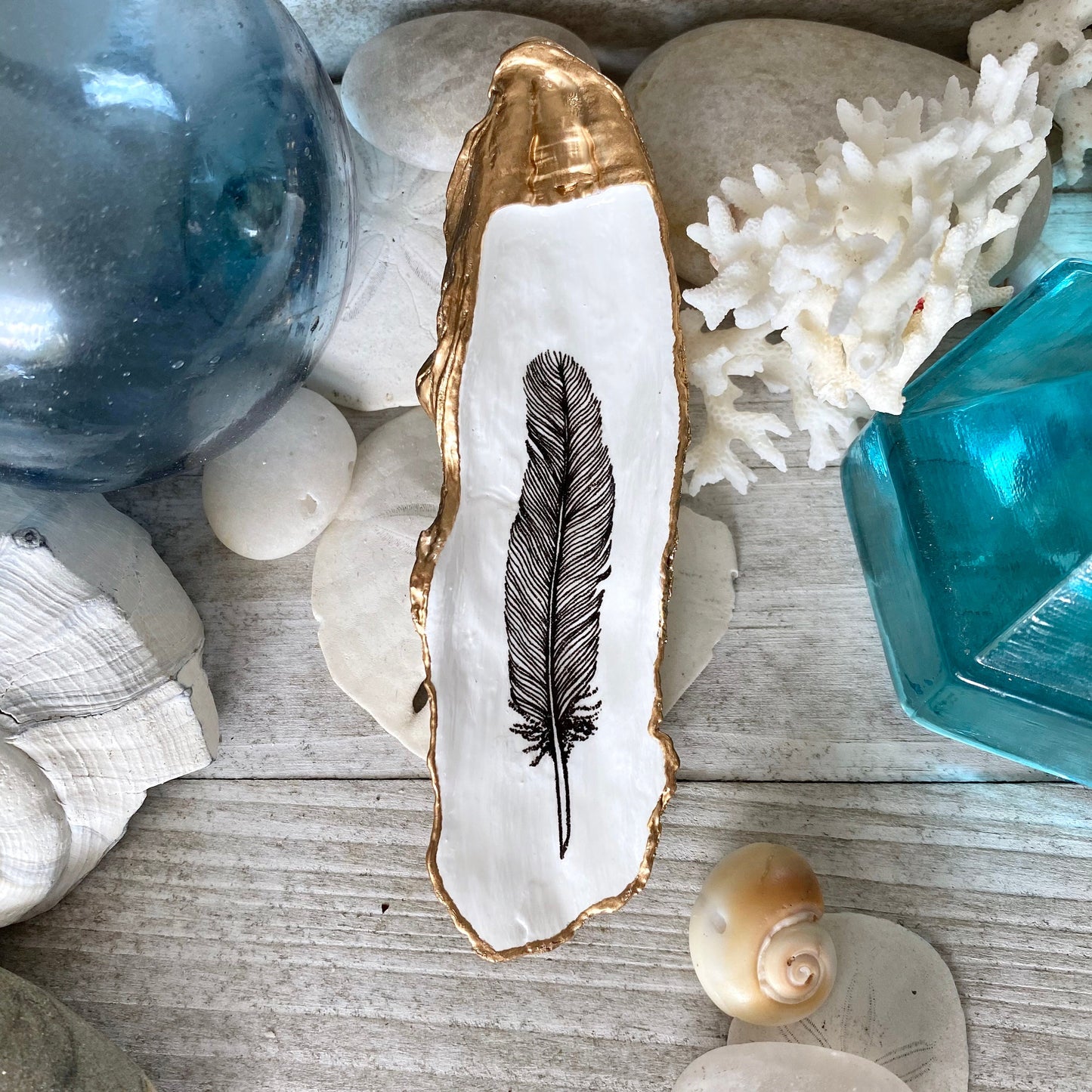 Decoupage Oyster Shell Jewelry Dish, Feather Design, Beach House Decor Accent