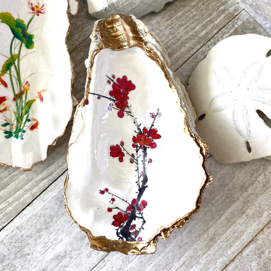 Cherry Blossom Oyster Shell Trinket Dish – Hand-Crafted Decoupage Art