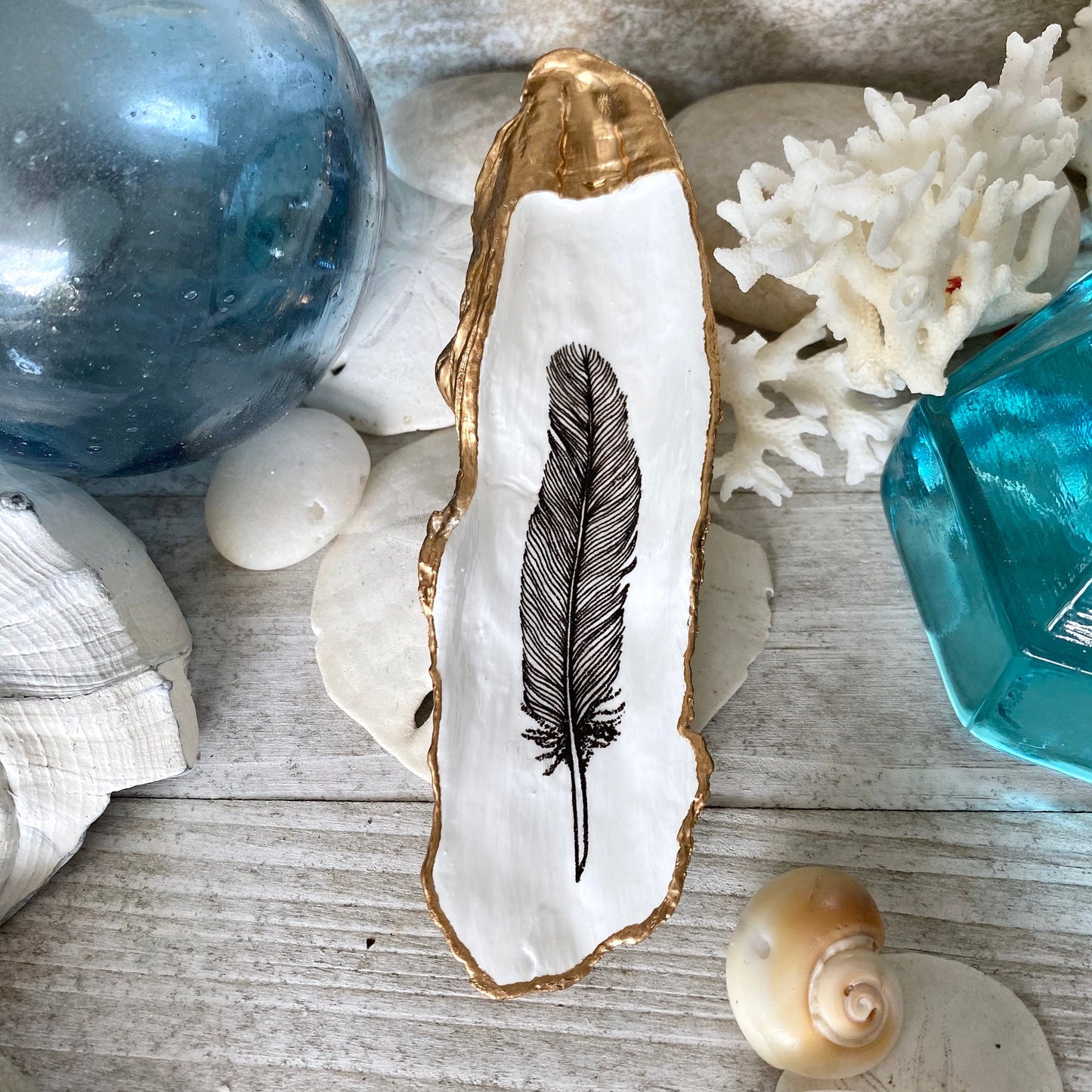 Decoupage Oyster Shell Jewelry Dish, Feather Design, Beach House Decor Accent