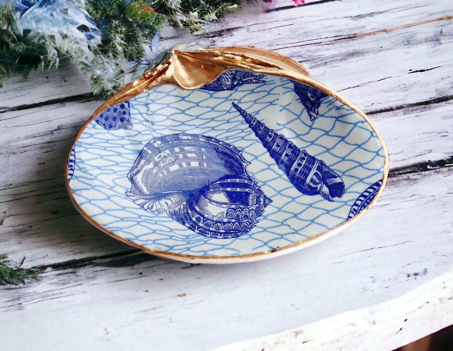 Decoupage Clam Shell Jewelry Dish – Blue & White Coastal Accent, Nautical Gift