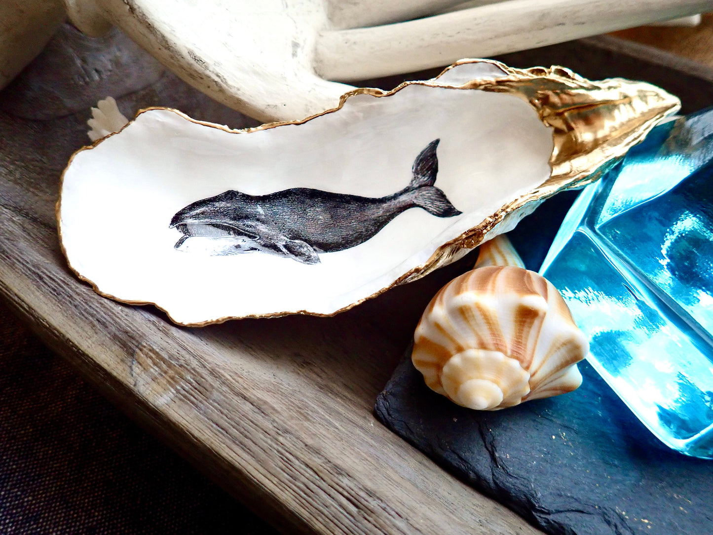 Whale Art Decoupage Oyster Shell Trinket Dish