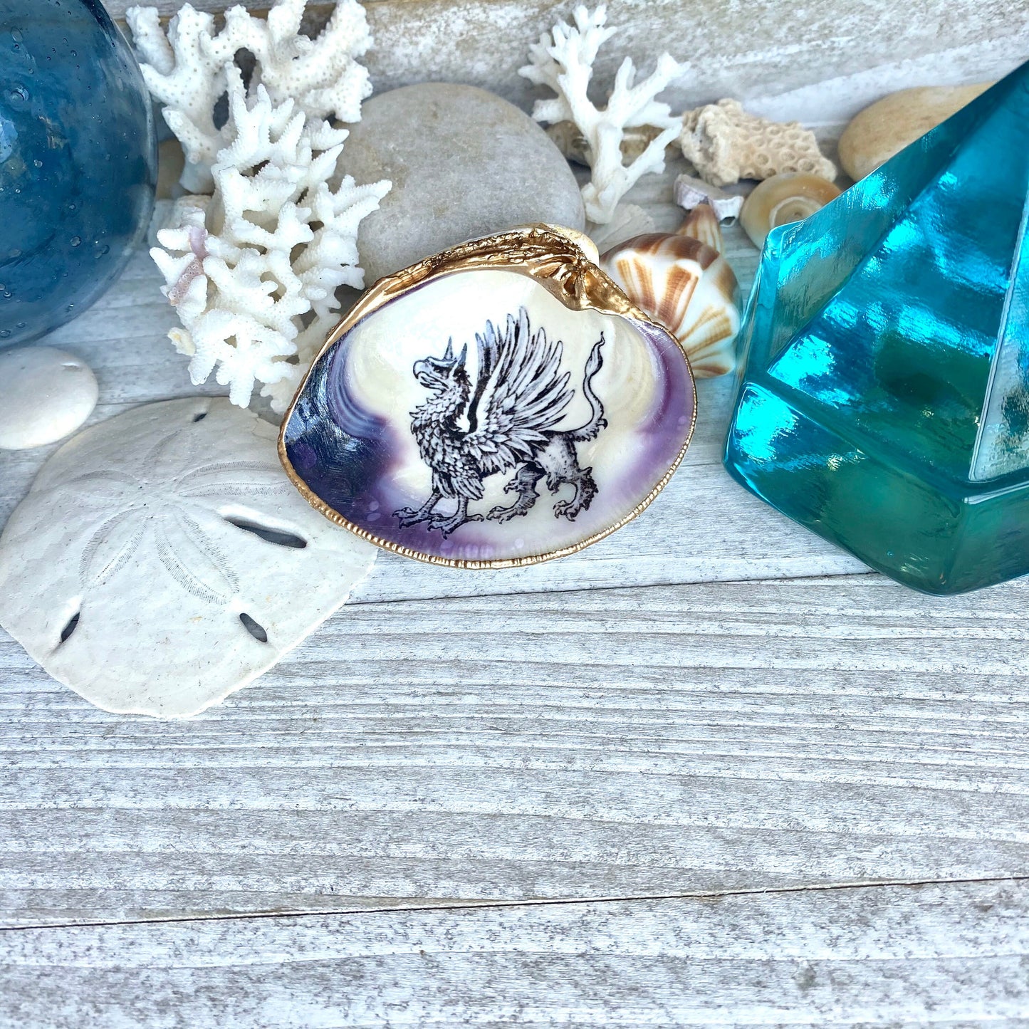 Decoupage Clam Shell Trinket Dish Mythical Griffin Art