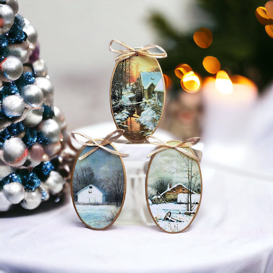 Vintage Winter Scenes Decoupage Holiday Ornaments