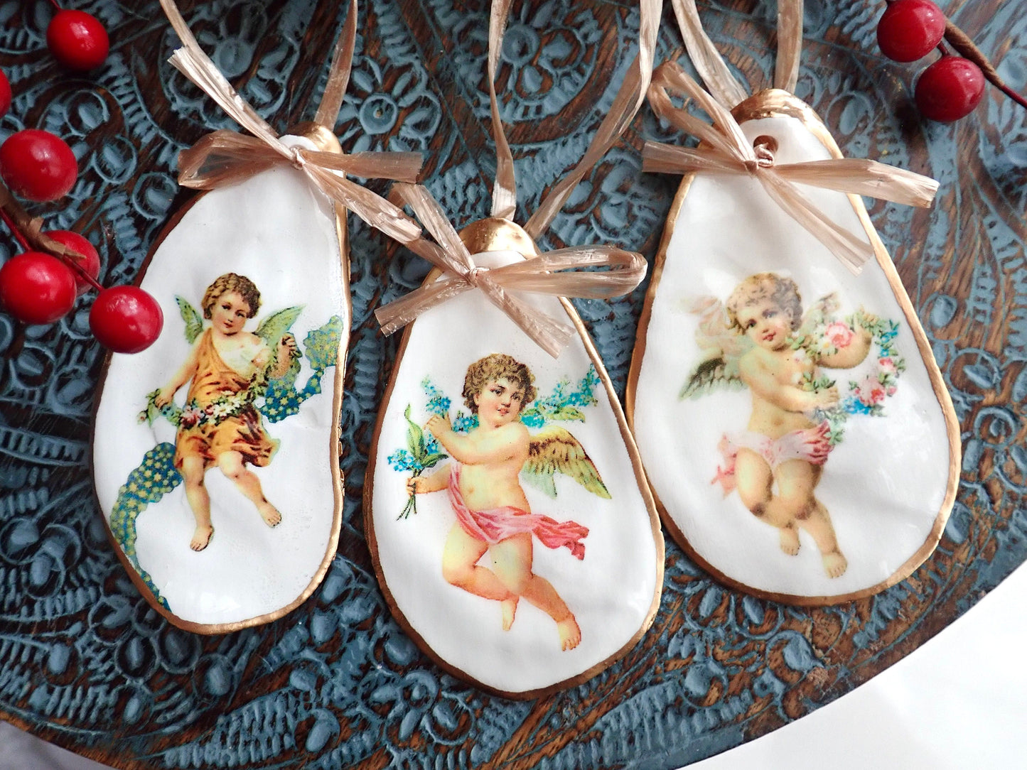 Holiday Angels Decoupage Oyster Shell Ornaments