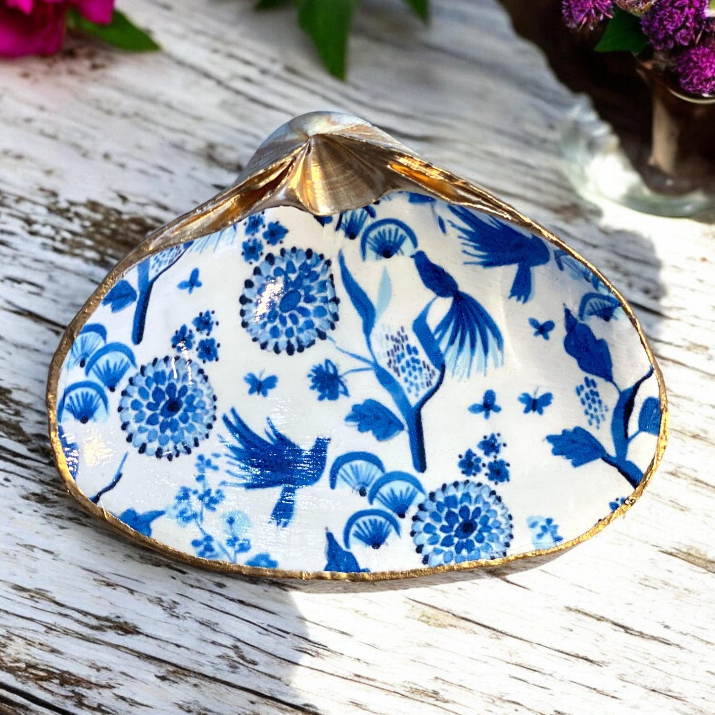 Decoupage Clam Shell Ring Dish – Delft Blue & White Design, Coastal Accent