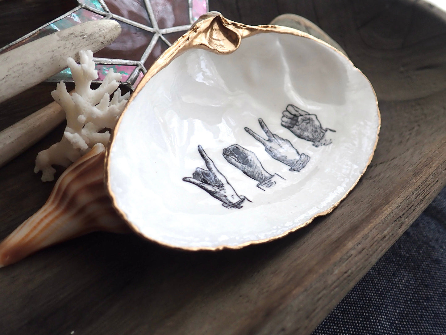 American Sign Language "Love" Decoupage Clam Shell Trinket Dish