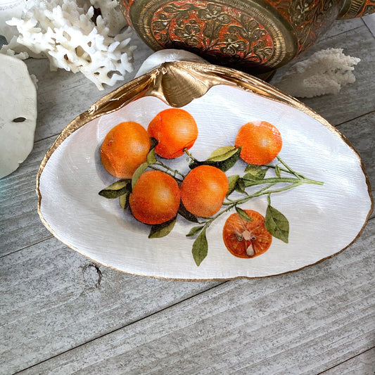 Decoupage Clam Shell Vintage Oranges Trinket Dish