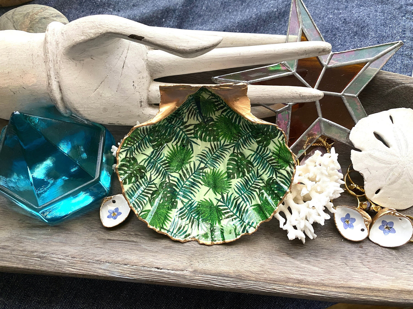 Decoupage Scallop Shell Trinket Dish Tropical Pattern