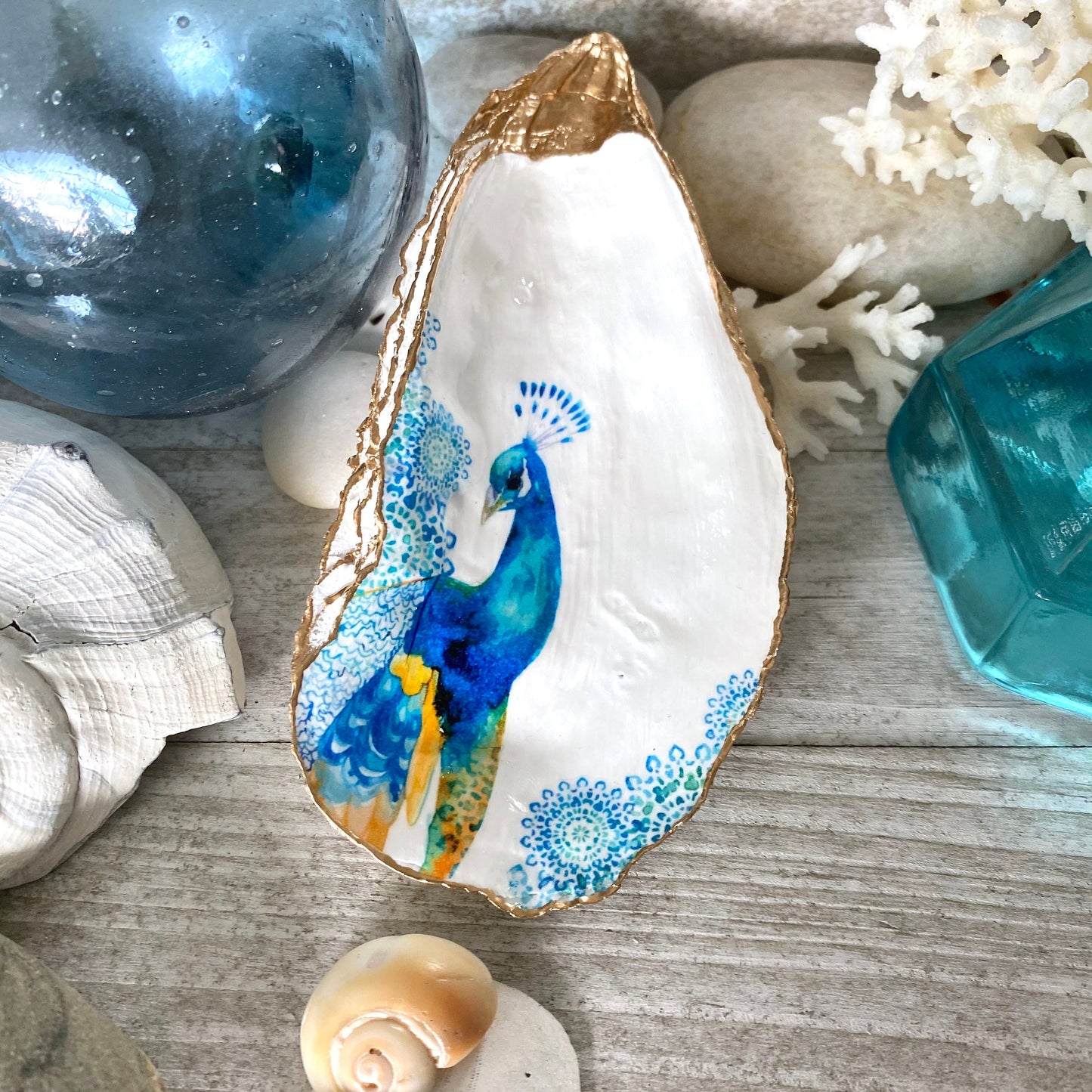 Decoupage Oyster Shell Trinket Dish Peacock Art