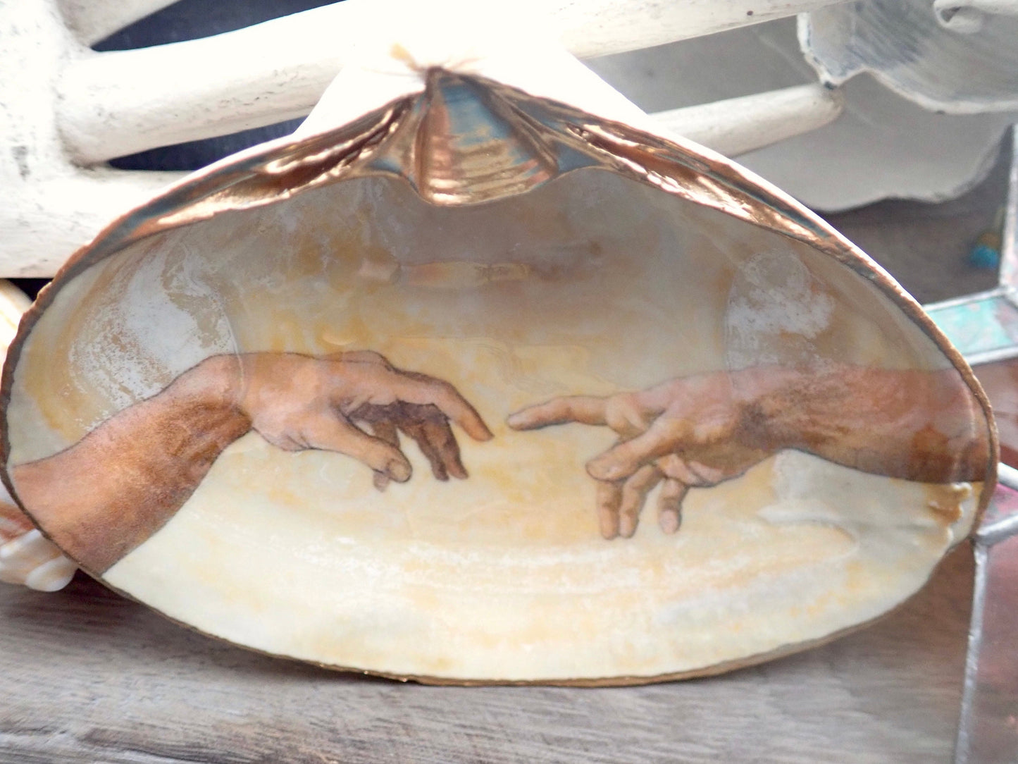 Decoupage Clam Shell Trinket Dish Michelangelo Art