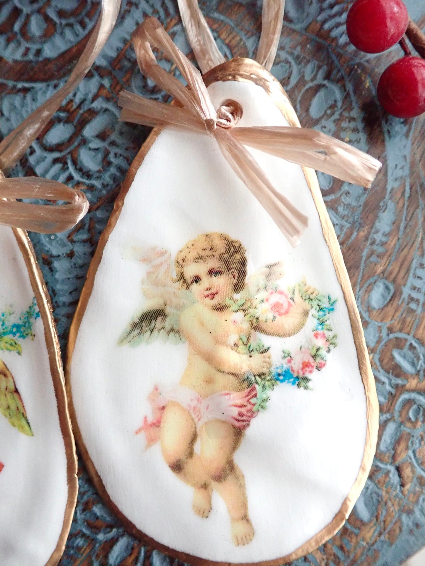 Holiday Angels Decoupage Oyster Shell Ornaments