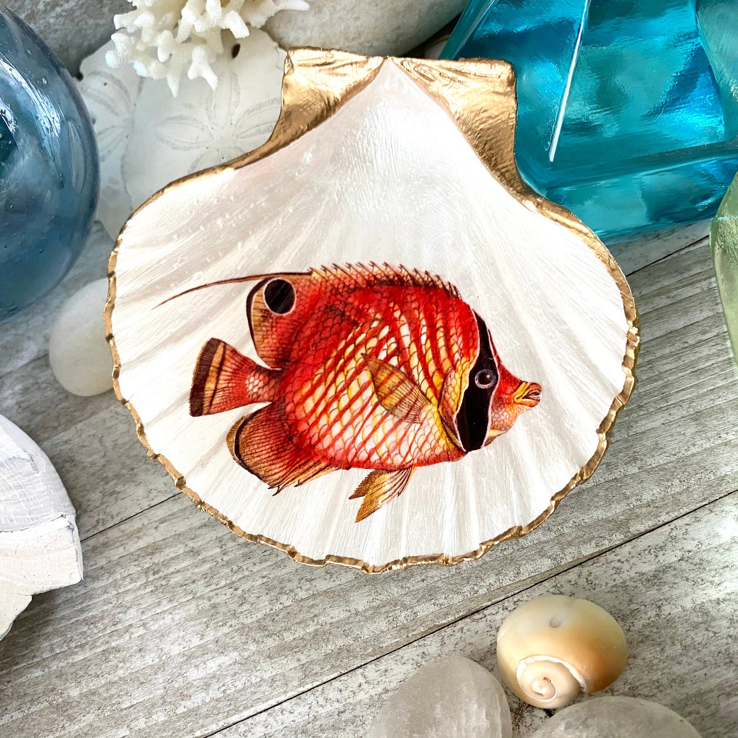 Decoupage Scallop Shell Trinket Dish Tropical Fish Art