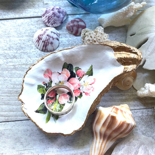 Decoupage Oyster Shell Trinket Dish – Apple Blossom Floral Art