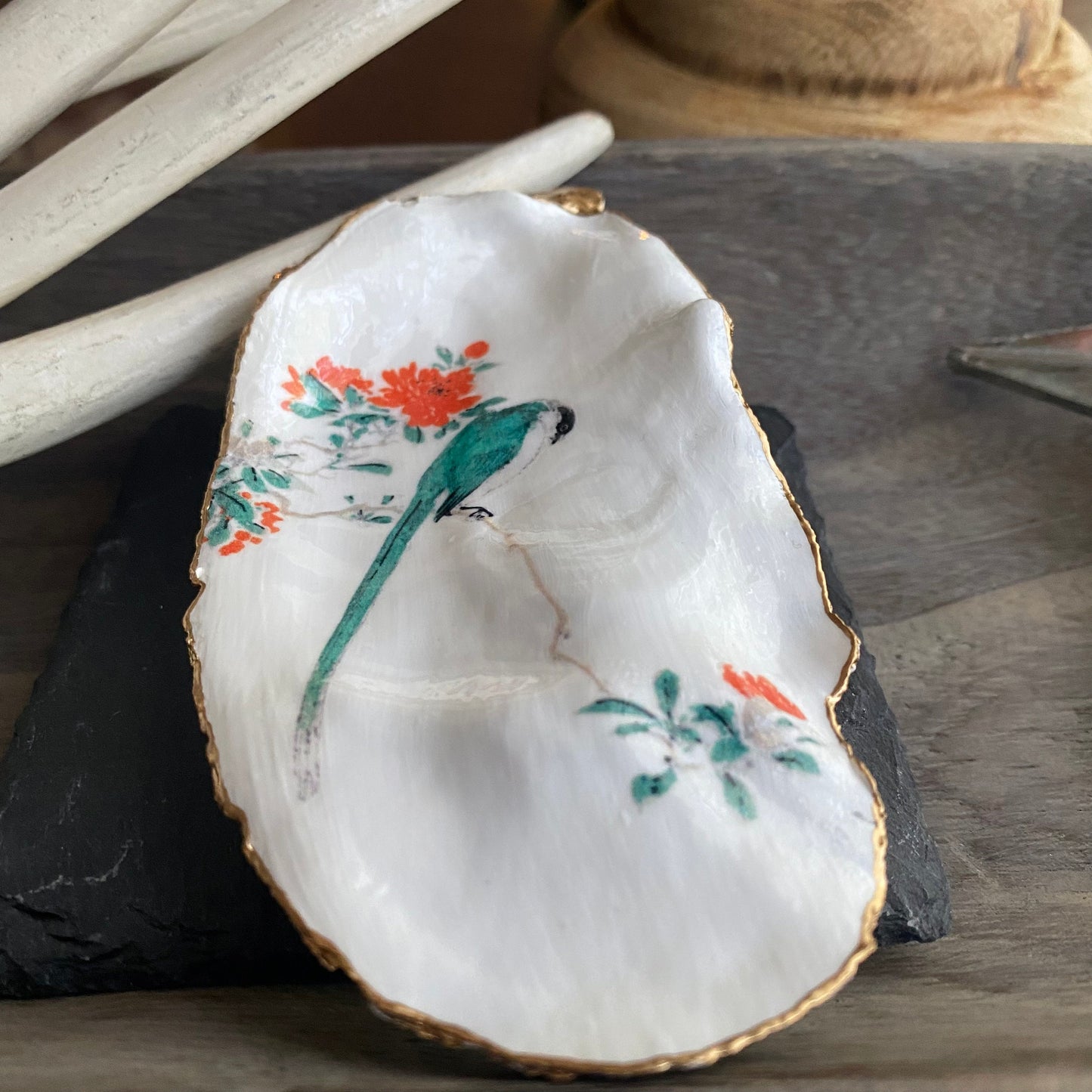 Decoupage Oyster Shell Ring Dish – Bird & Floral Design
