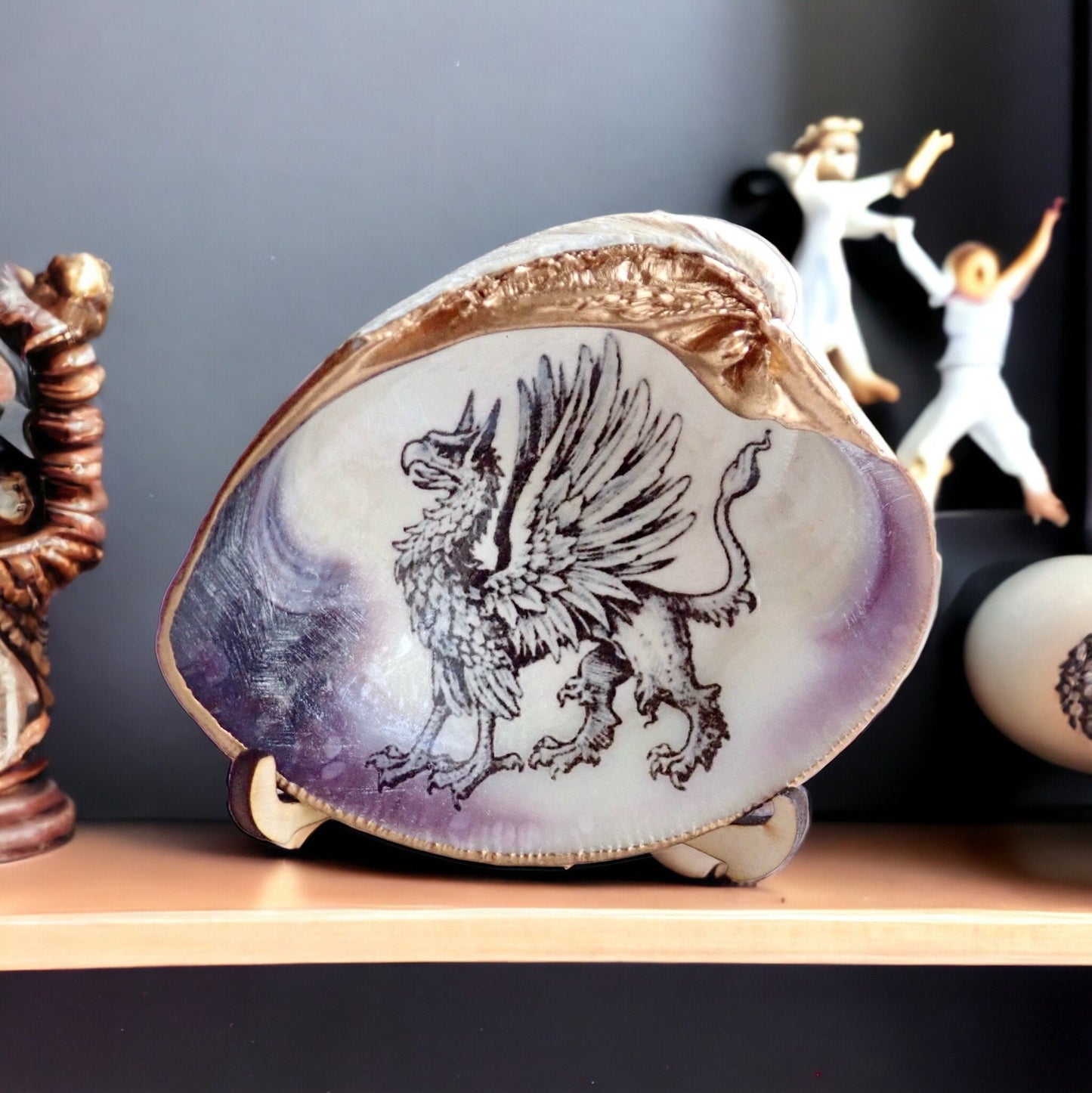 Decoupage Clam Shell Trinket Dish Mythical Griffin Art