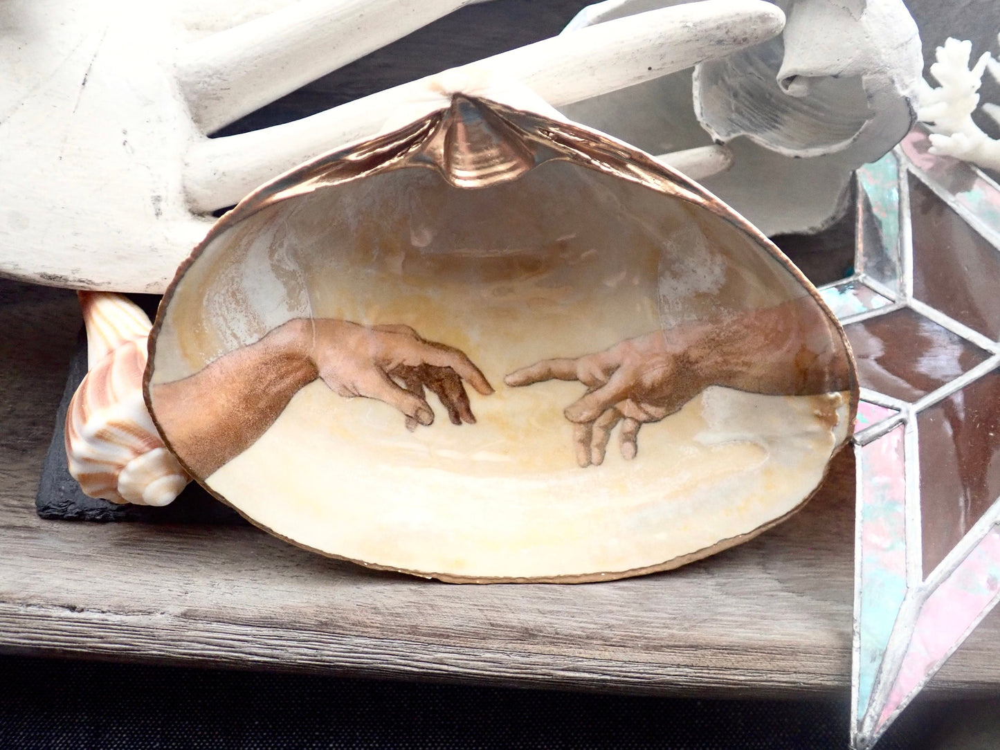 Decoupage Clam Shell Trinket Dish Michelangelo Art