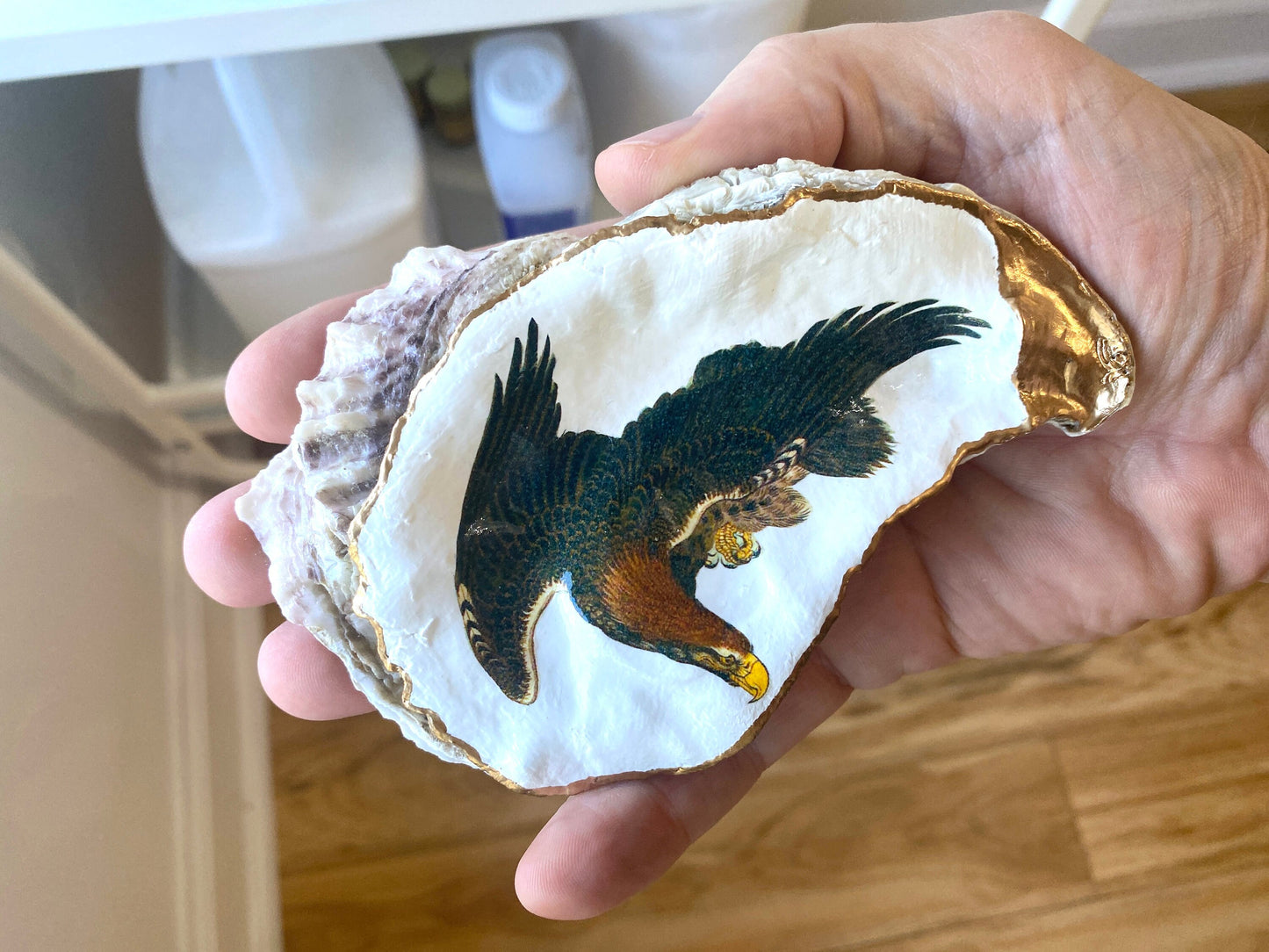 Decoupage Oyster Shell - Golden Eagle, Bird Lover Home Decor