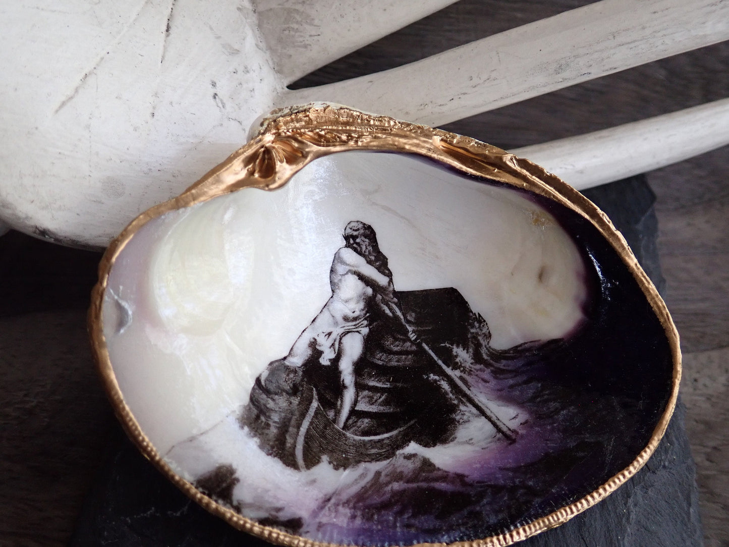 Decoupage Clam Shell Ring Dish – Charon Ferryman Design, Mythological Gothic Art