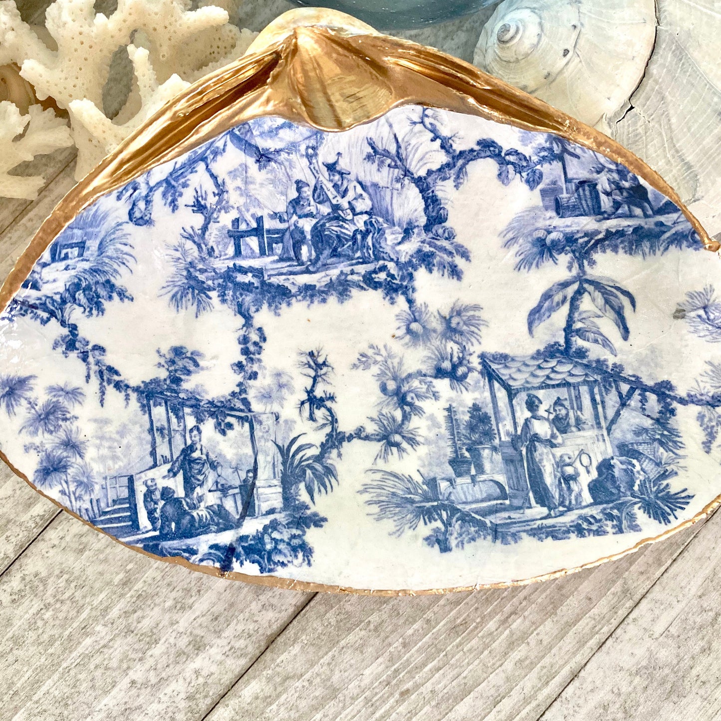Blue & White Decoupage Clam Shell Trinket Dish Chinoiserie Art