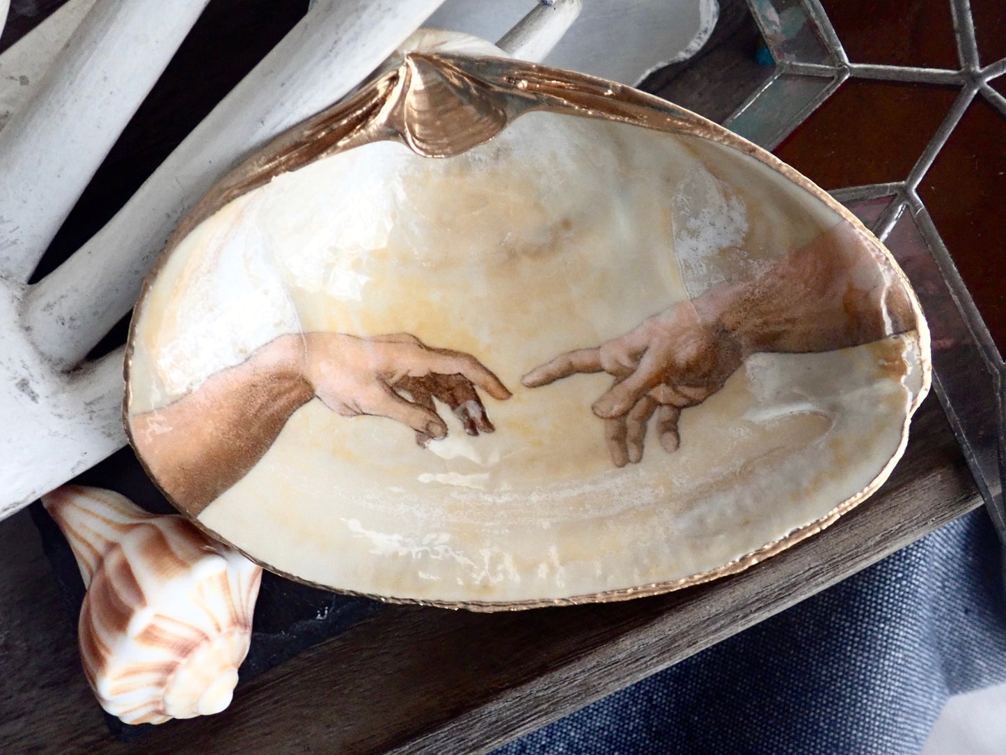 Decoupage Clam Shell Trinket Dish Michelangelo Art