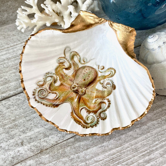 Decoupage Scallop Shell Trinket Dish Octopus Art