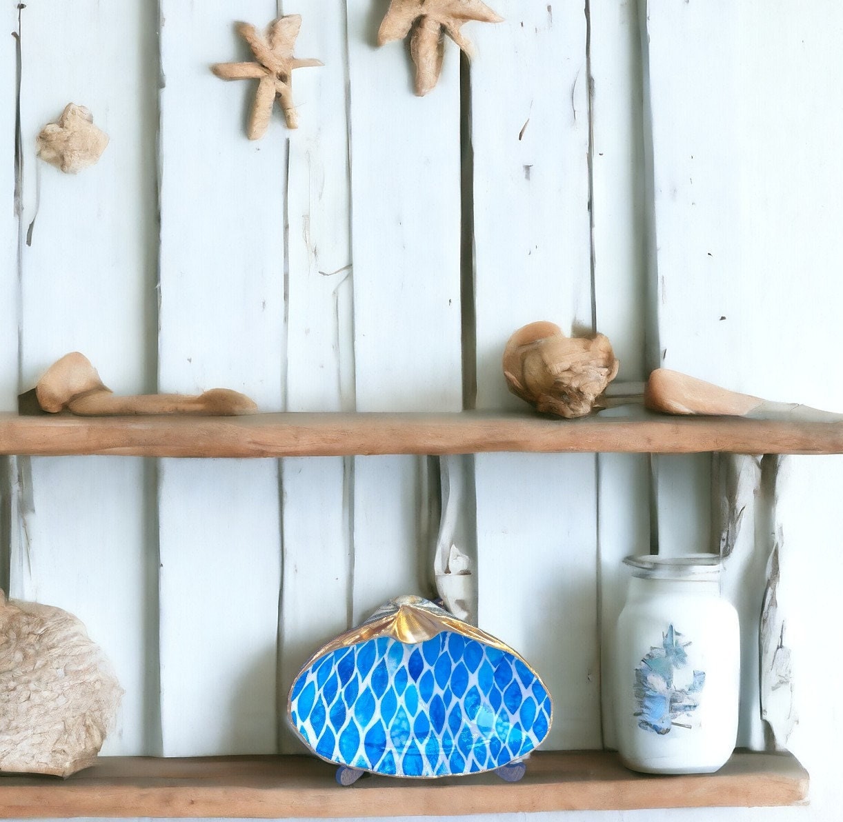 Decoupage Clam Shell Jewelry Dish – Blue & White Water-Inspired Design