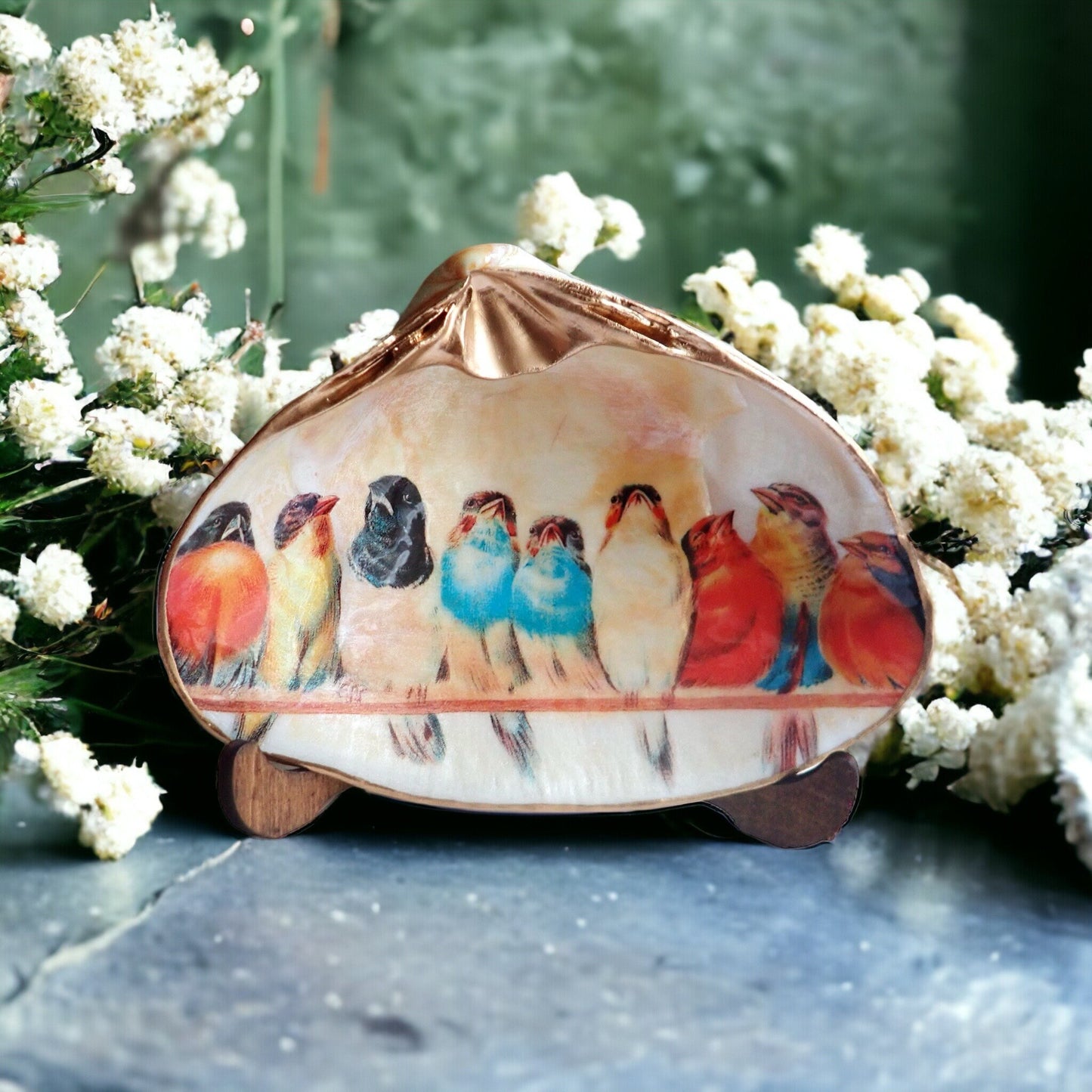 Decoupage Clam Shell Trinket Dish Bird Lover Art
