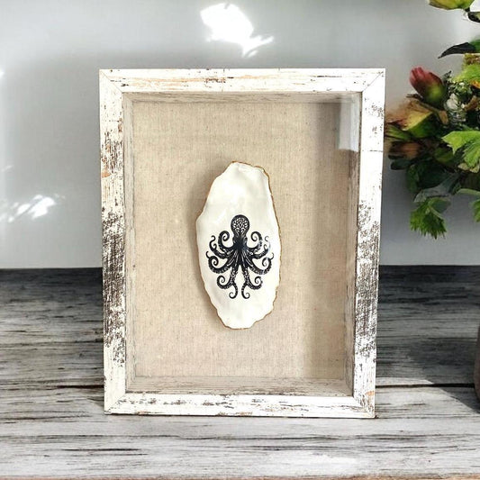 Decoupage Octopus Oyster Shell Shadow Box – Hand-Crafted Coastal Wall Hanging, Nautical Gift