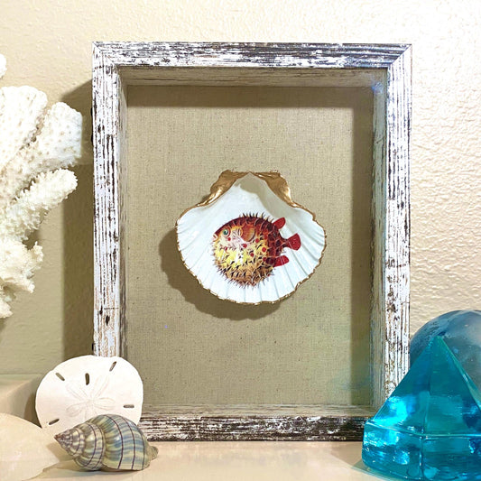 Coastal Wall Art Framed Decoupage Scallop Shell  – Beach House Decor