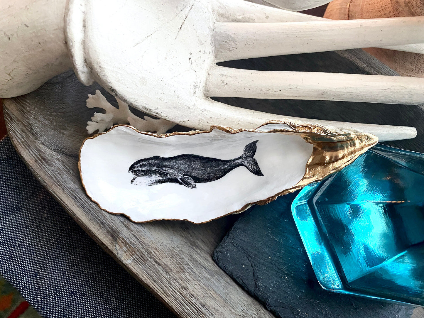 Whale Art Decoupage Oyster Shell Trinket Dish