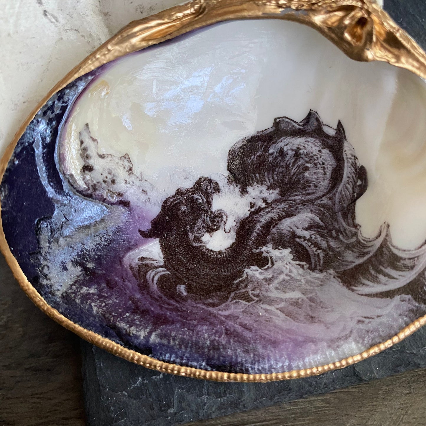 Decoupage Clam Shell Jewelry Dish – Mythological Sea Monster Art
