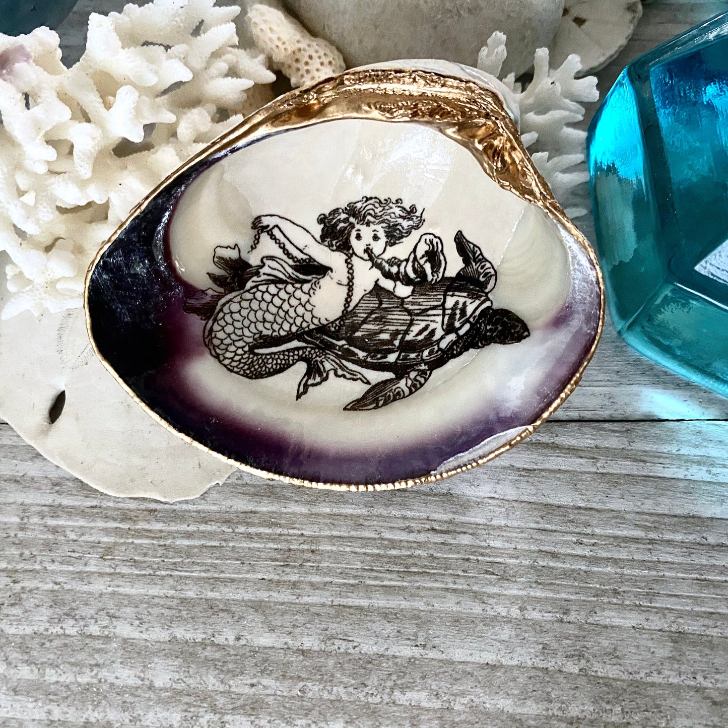 Little Mermaid Decoupage Clam Shell Trinket Dish