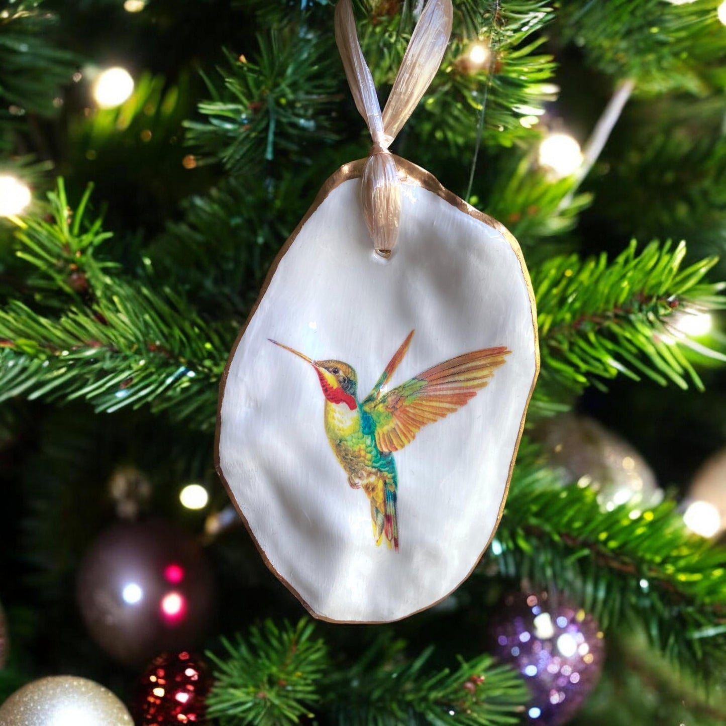 Holiday Ornament Decoupage Hummingbird Oyster Shell