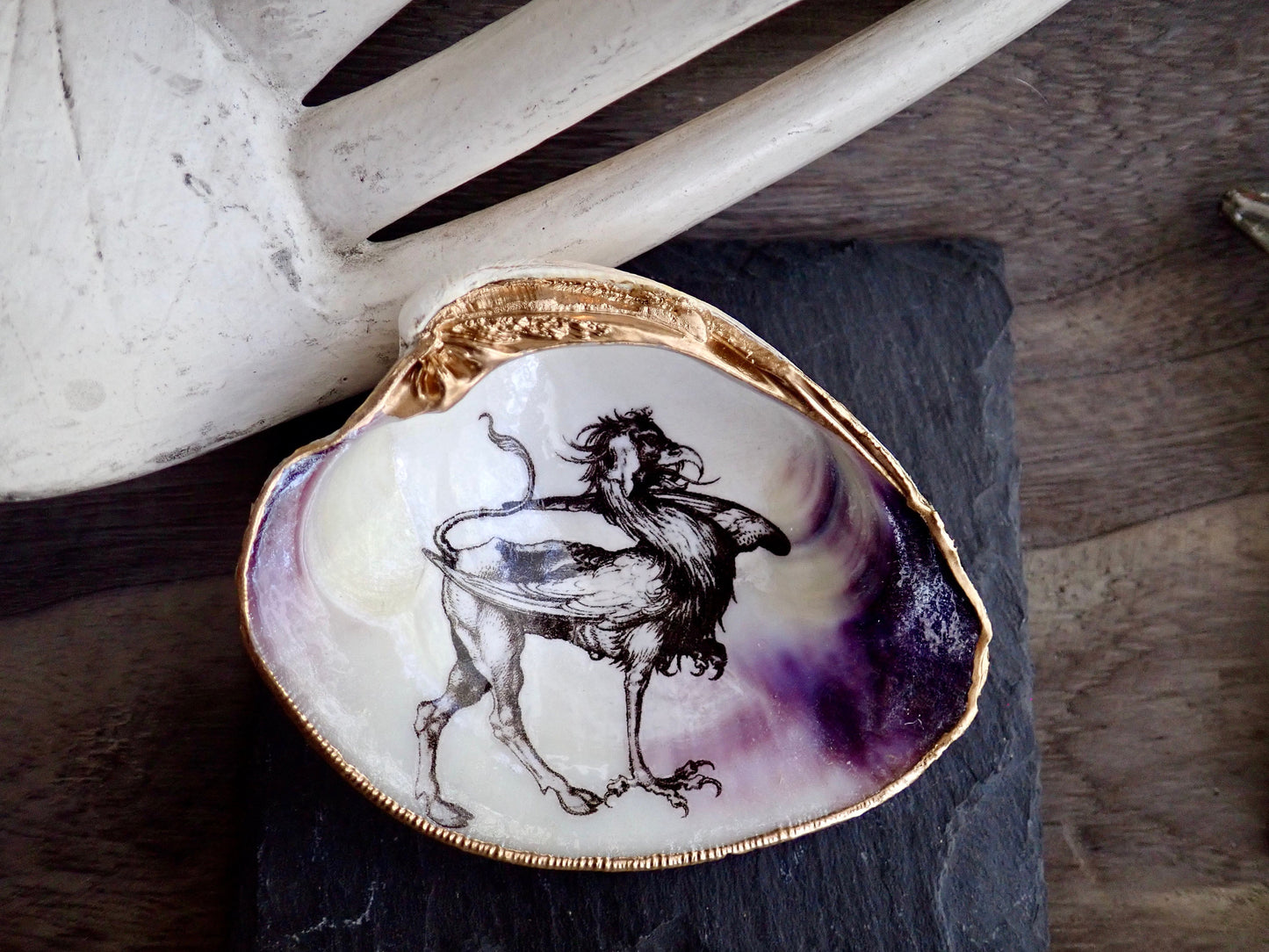 Decoupage Clam Shell Trinket Dish Mythical Griffin Art