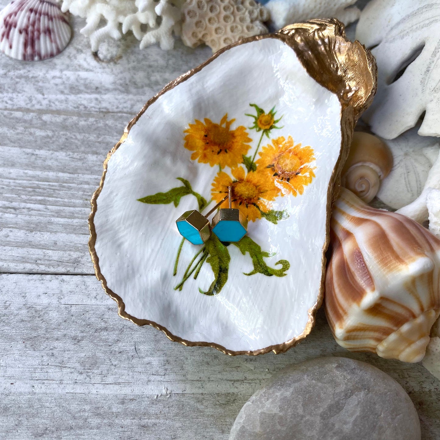 Decoupage Oyster Shell Trinket Dish Sunflower Art