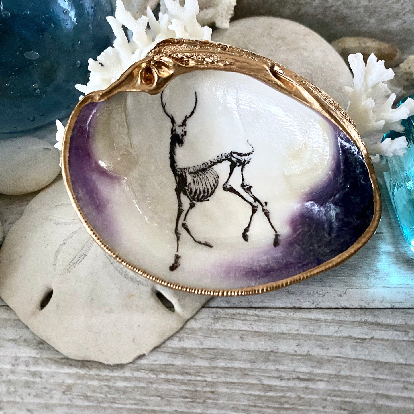 Decoupage Clam Shell Ring Dish – Gothic Skeleton, Esoteric Art Gift