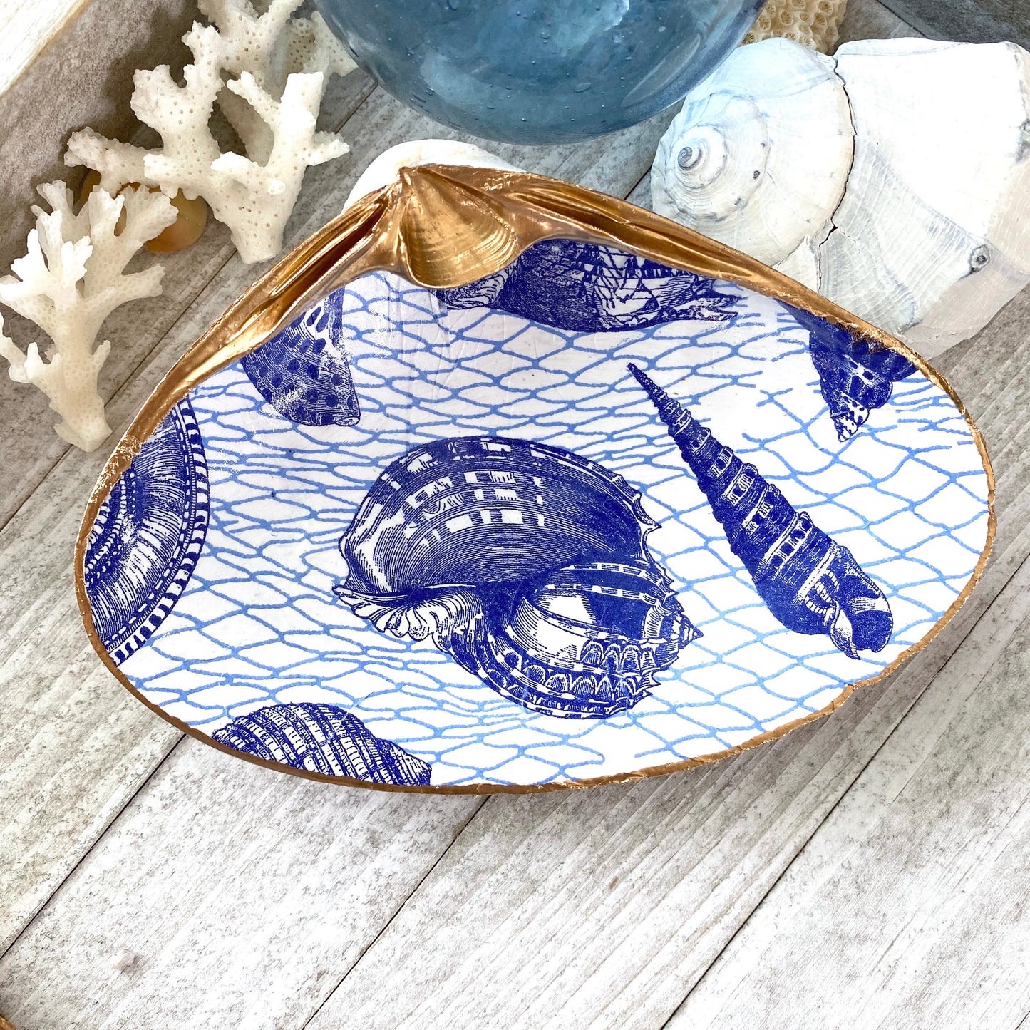 Decoupage Clam Shell Jewelry Dish – Blue & White Coastal Accent, Nautical Gift