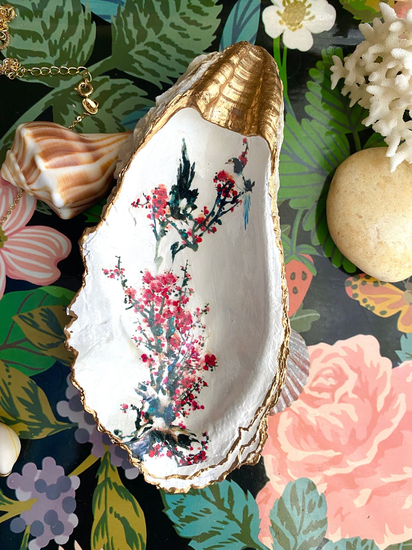Cherry Blossom Oyster Shell Trinket Dish – Hand-Crafted Decoupage Art